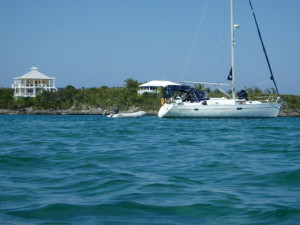 Odyssey moored in Little Harbour waiting for a boat part