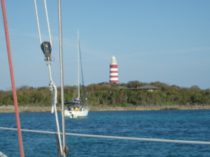 Odyssey anchored outside of Hope Town Harbour waiting for high tide to enter